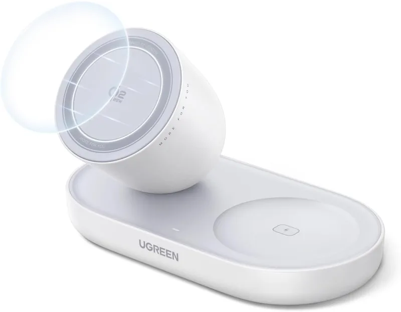 UGREEN ▫️ Zapix Carregador sem fios para iPhone, carregamento rápido Qi2 25W, base de carregamento 2 em 1 Sem Fios Magnética Compatível com Magsafe iPhone 17 16 15 14 13 12 Pro MAX Air Plus AirPods (Branco)