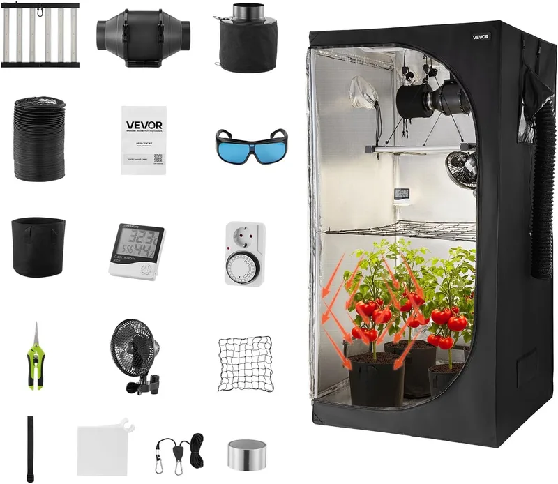 VEVOR ▫️ Armário de Cultivo para Interior 100x100x200 cm, Tenda de Cultivo com luz LED de Espectro Completo e Sistema de Ventilação, Mylar 600D de Alta Refletância, Tenda para Plantas, Flores e Legumes