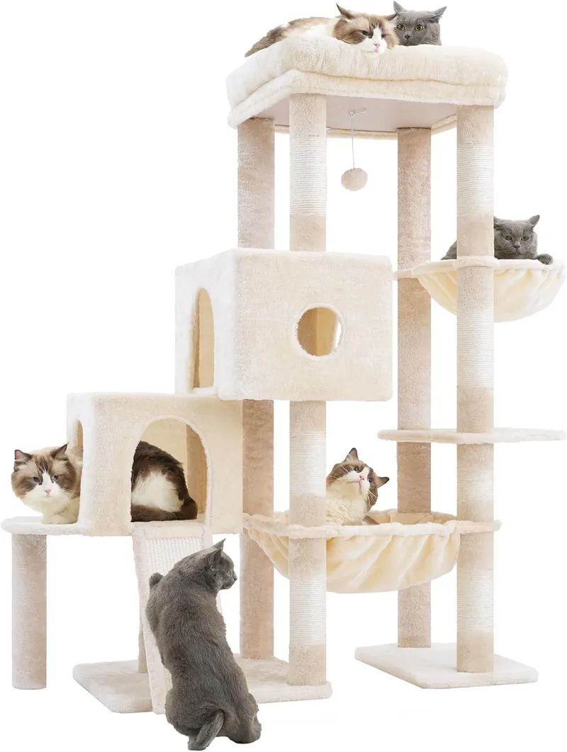 Hey-brother ▫️ Árvore para gatos poste de arranhar para gatos com plataforma grande, estrutura escalonada, com 2 ninhos para gatos, rede espaçosa, poste de arranhar de sisal e cesto, branco pérola MPJ071M