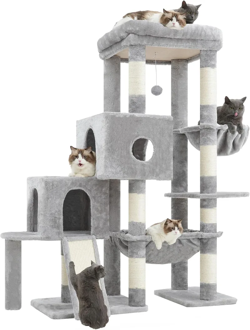 Hey-brother ▫️ Árvore para gatos poste para arranhar gatos com plataforma grande, estrutura com degraus, 2 ninhos para gatos, rede espaçosa, poste para arranhar com sisal e cesto, cinzento claro MPJ071W