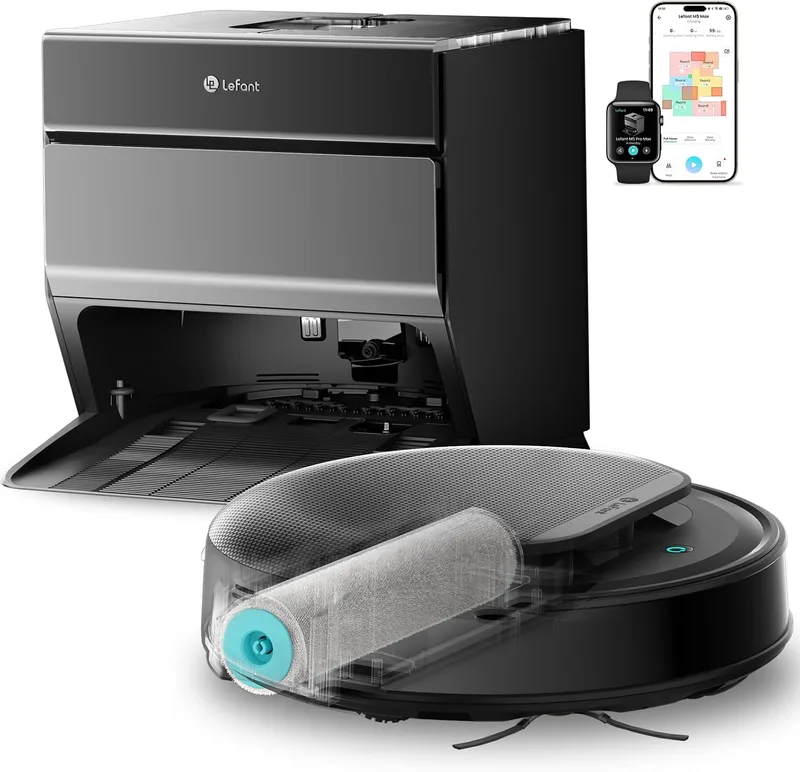Lefant ▫️ M5 MAX – Robô Aspirador e Esfregador de Pisos com Base de Esvaziamento Automático, Lavagem a 75 ℃, Esvaziamento automático de 3,2 L, 23 000 Pa, 120 dias de autolimpeza, navegação a laser dToF, Wi-Fi 5G/aplicação/Alexa, cinzento