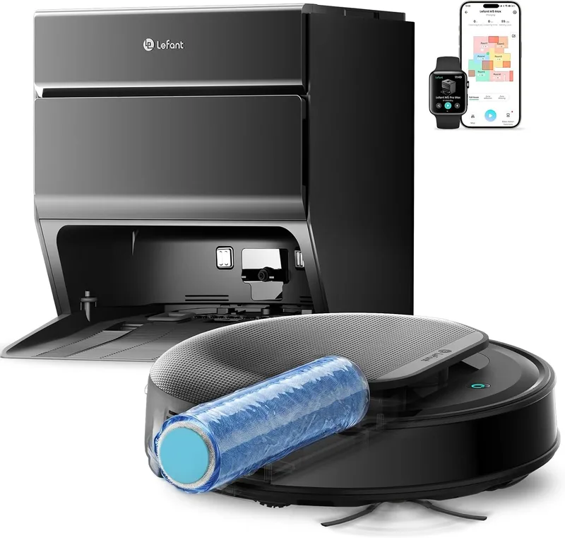 Lefant ▫️ M5 MAX – Robô Aspirador e Esfregador com Base de Esvaziamento Automático | 25 000 Pa, 120 dias de autolimpeza, esvaziamento automático de 3,2 L, lavagem a 80 ℃, Navegação a laser dToF, Wi-Fi 5G/Aplicação/Alexa, Preto