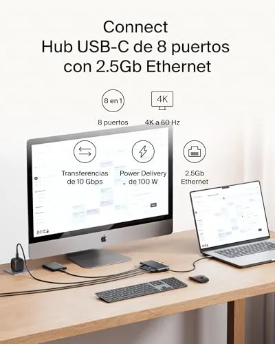 Belkin ▫️ Connect Hub USB-C de 8 portas, adaptador USB-C com vídeo em resolução 4K a 60 Hz, para Mac, Windows e Chromebook, Power Delivery de 100 W, transferências de 10 Gbps e Ethernet de 2,5 Gbps - Preto 2