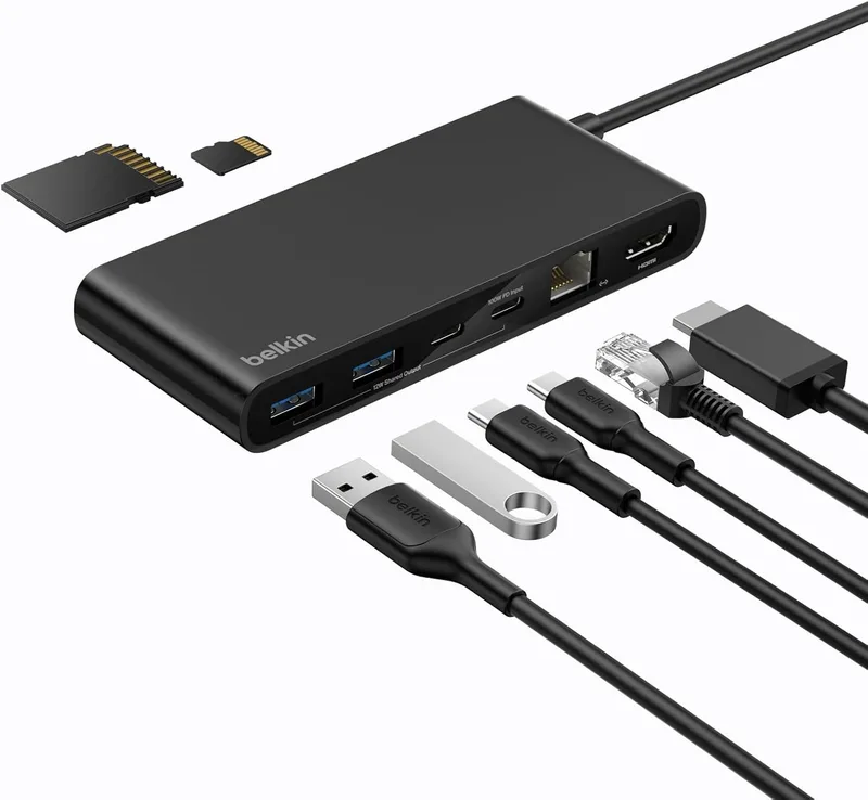 Belkin ▫️ Connect Hub USB-C de 8 portas, adaptador USB-C com vídeo em resolução 4K a 60 Hz, para Mac, Windows e Chromebook, Power Delivery de 100 W, transferências de 10 Gbps e Ethernet de 2,5 Gbps - Preto