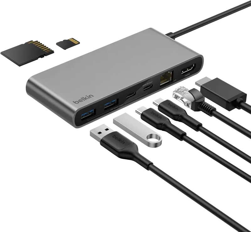 Belkin ▫️ Hub USB C de 8 portas Connect, adaptador USB C com resolução de vídeo 4K 60Hz, para Mac, Windows e Chromebook, fornecimento de energia de 100 W, transferência Ethernet de 10 Gbps e 2,5 Gbps - Cinzento