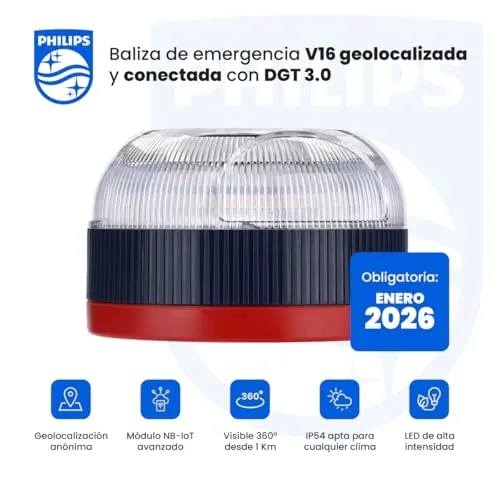 PHILIPS ▫️ Sinalizador de Emergência V16 com Geolocalização e Ligação DGT 3.0 – Homologado, Plano de Dados Incluído, Base Magnética, Alta Visibilidade a 1 km, Resistente à Chuva e ao Vento, Pilhas AA incluídas 2