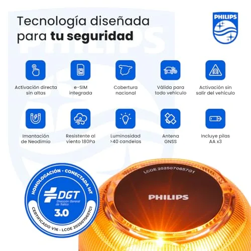 PHILIPS ▫️ Sinalizador de Emergência V16 com Geolocalização e Ligação DGT 3.0 – Homologado, Plano de Dados Incluído, Base Magnética, Alta Visibilidade a 1 km, Resistente à Chuva e ao Vento, Pilhas AA incluídas 3