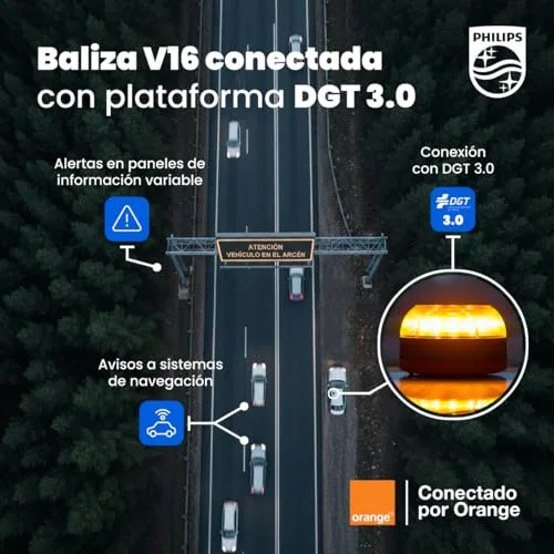 PHILIPS ▫️ Sinalizador de Emergência V16 com Geolocalização e Ligação DGT 3.0 – Homologado, Plano de Dados Incluído, Base Magnética, Alta Visibilidade a 1 km, Resistente à Chuva e ao Vento, Pilhas AA incluídas 4