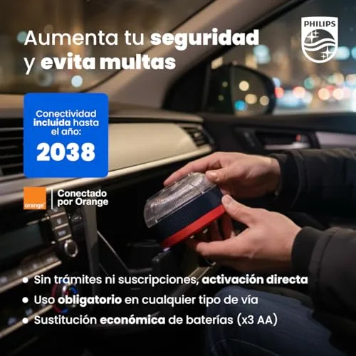 PHILIPS ▫️ Sinalizador de Emergência V16 com Geolocalização e Ligação DGT 3.0 – Homologado, Plano de Dados Incluído, Base Magnética, Alta Visibilidade a 1 km, Resistente à Chuva e ao Vento, Pilhas AA incluídas 5