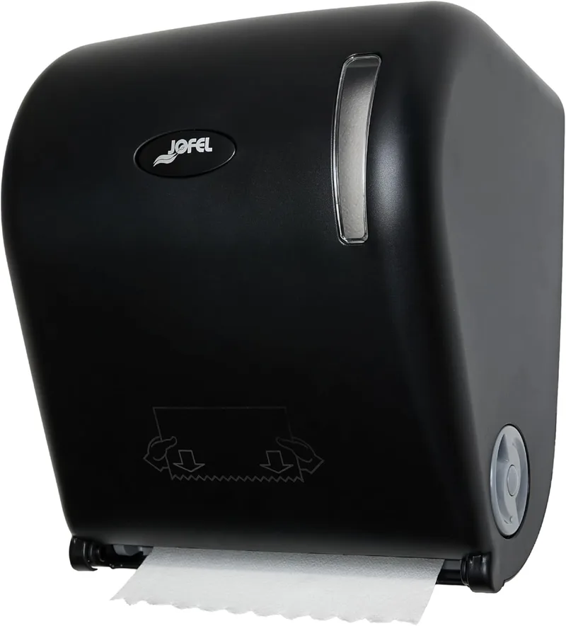 Jofel ▫️ Dispensador de papel em rolo contínuo, diâmetro entre 170 e 210 mm, tiras pré-cortadas de 20 cm, sem alavanca, máxima higiene e economia, fabricado em ABS reciclado preto mate, AGR54600-MT
