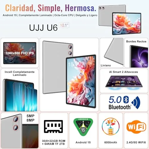 UJJ ▫️ Tablet Android 15 de 10 polegadas, 30 GB de RAM + 64 GB de ROM (2 TB/TF), Gemini AI, Octa-Core a 2,0 GHz, 1080×800 FHD IPS, Autonomia em modo de espera extra longa, 5G e Wi-Fi, Widevine L1, 5 MP + 13 MP, Face ID, GMS, Tablet com teclado, Prateado 2