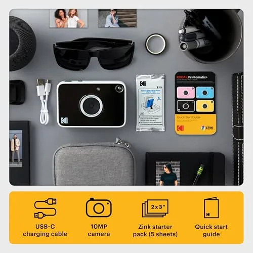 KODAK ▫️ Câmara digital instantânea Printomatic+ de 10 MP – Conjunto de oferta com capa, papel Zink 2x3” (20 folhas), álbum, autocolantes e marcadores – Preto 3