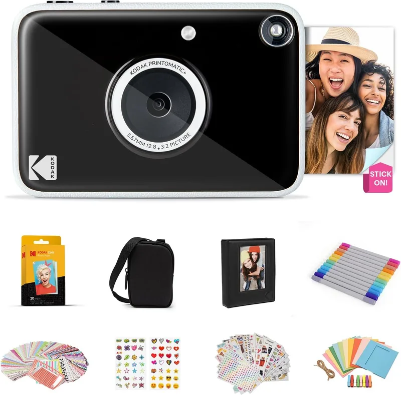 KODAK ▫️ Câmara digital instantânea Printomatic+ de 10 MP – Conjunto de oferta com capa, papel Zink 2x3” (20 folhas), álbum, autocolantes e marcadores – Preto