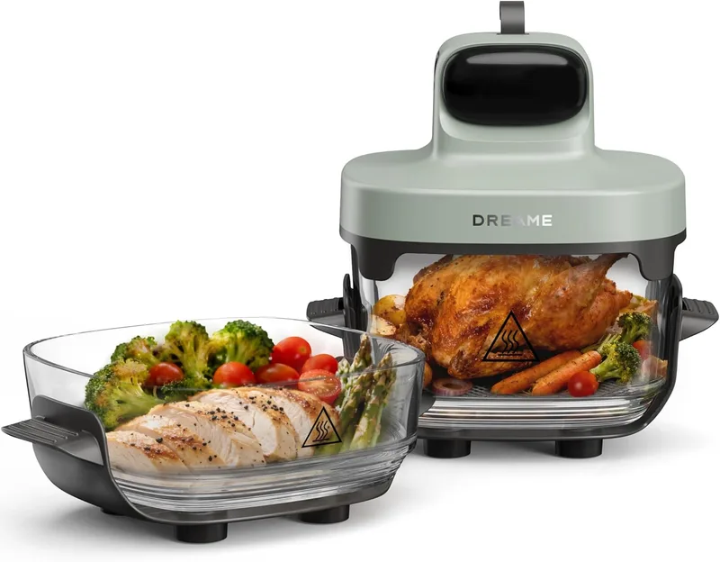 DREAME ▫️ Fritadeira de ar quente portátil Tasti com vidro, 5-1, 2 recipientes (2,5 L + 4,5 L), vidro de borossilicato de 6 mm, ar quente 3D, lavável na máquina de lavar louça, visão panorâmica de 360°, Desmontável
