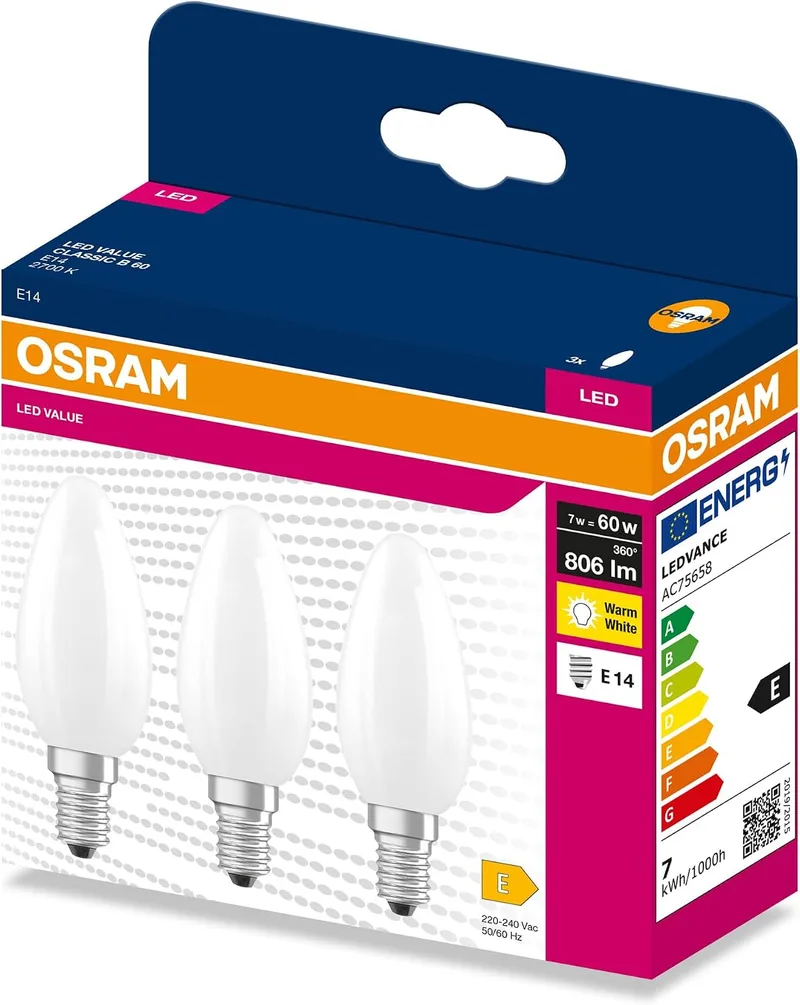 OSRAM ▫️ LED FILAMENT CLASSIC B VALUE 7 W 2700 K Frosted E14 | LED Classic B 60 Filament, lâmpadas LED, branco, 35 mm de diâmetro, 15 000 h, embalagem de 3