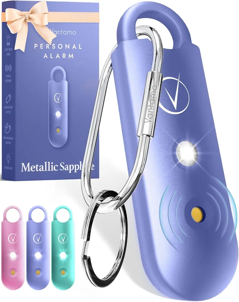 Vantamo ▫️ Alarme pessoal para mulheres 130dB com altifalante duplo, luz estroboscópica potente e indicador de pilha fraca, porta-chaves Dispositivo de autodefesa pessoal compacto
