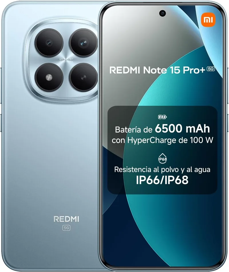 XIAOMI ▫️ REDMI Note 15 Pro+ 5G - Smartphone de 8+256 GB, ecrã AMOLED de 6,83" 1,5K, Snapdragon 7s Gen 4, câmara de 200 MP, Hypercharge 100W, carregador não incluído, azul glaciar (versão ES)