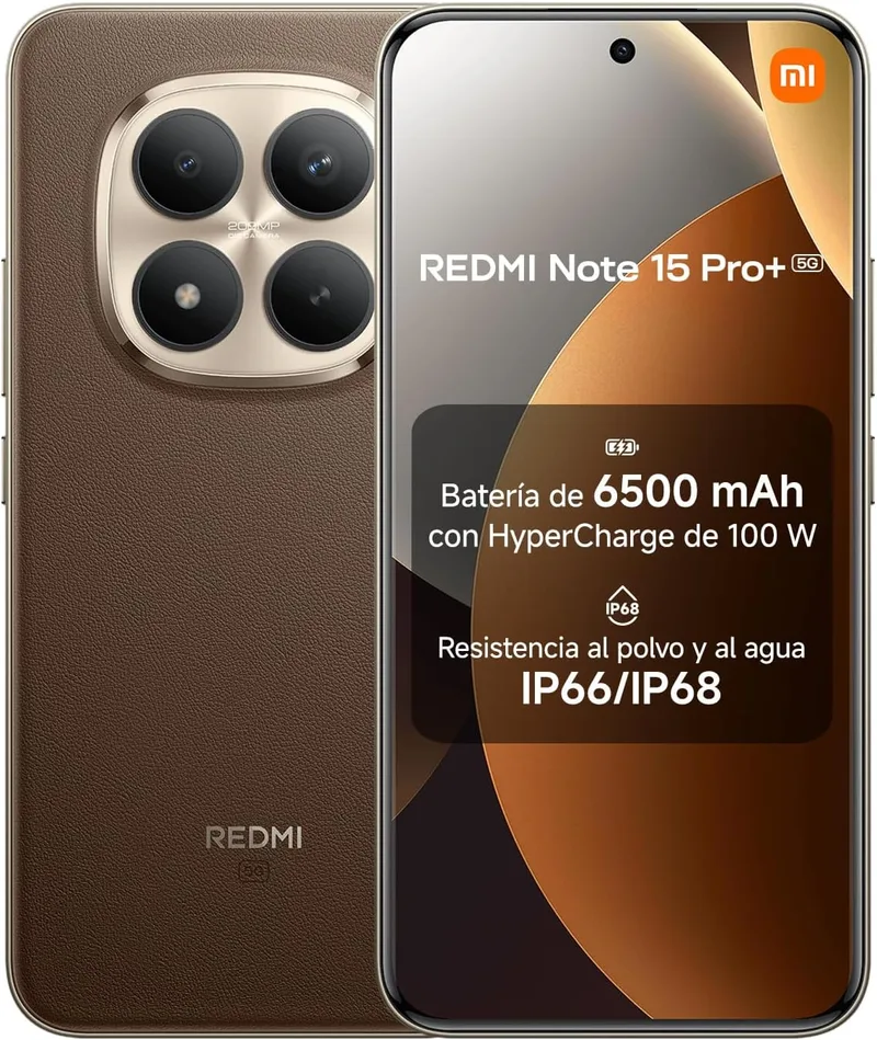 XIAOMI ▫️ REDMI Note 15 Pro+ 5G - Smartphone de 8+256 GB, ecrã AMOLED de 6,83" 1,5K, Snapdragon 7s Gen 4, câmara de 200 MP, Hypercharge 100W, carregador não incluído, castanho moca (versão ES)