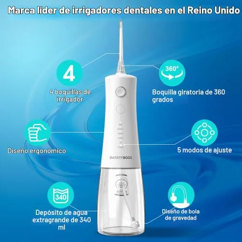 BARBERBOSS ▫️ Irrigador oral avançado, 5 modos de pressão e depósito grande de 340 ml, irrigador oral à prova de água IPX8, 4 pontas de jato e bloqueio para viagem, irrigador dentário a água, QR-7104 (Branco) 2
