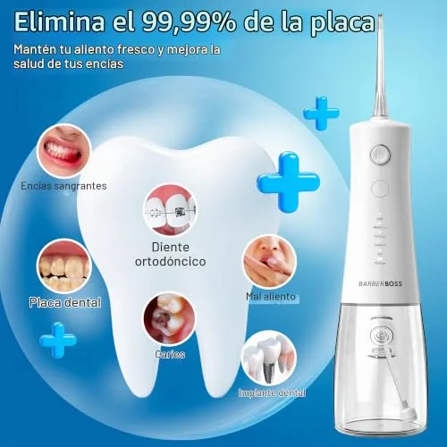 BARBERBOSS ▫️ Irrigador oral avançado, 5 modos de pressão e depósito grande de 340 ml, irrigador oral à prova de água IPX8, 4 pontas de jato e bloqueio para viagem, irrigador dentário a água, QR-7104 (Branco) 3