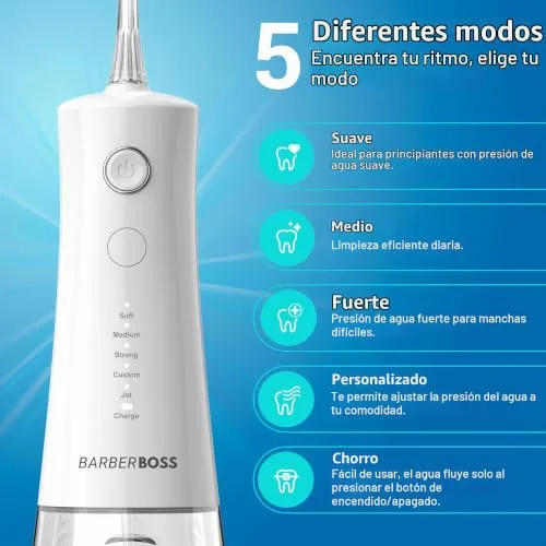 BARBERBOSS ▫️ Irrigador oral avançado, 5 modos de pressão e depósito grande de 340 ml, irrigador oral à prova de água IPX8, 4 pontas de jato e bloqueio para viagem, irrigador dentário a água, QR-7104 (Branco) 4