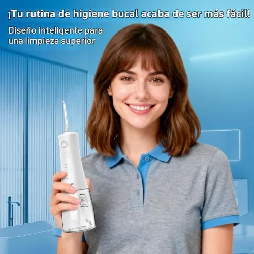 BARBERBOSS ▫️ Irrigador oral avançado, 5 modos de pressão e depósito grande de 340 ml, irrigador oral à prova de água IPX8, 4 pontas de jato e bloqueio para viagem, irrigador dentário a água, QR-7104 (Branco) 5