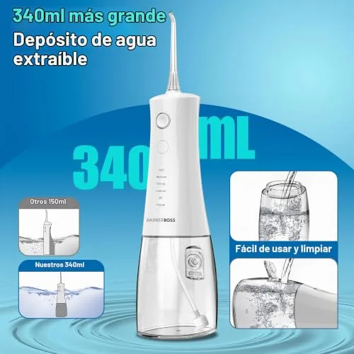 BARBERBOSS ▫️ Irrigador oral avançado, 5 modos de pressão e depósito grande de 340 ml, irrigador oral à prova de água IPX8, 4 pontas de jato e bloqueio para viagem, irrigador dentário a água, QR-7104 (Branco) 6