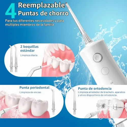 BARBERBOSS ▫️ Irrigador oral avançado, 5 modos de pressão e depósito grande de 340 ml, irrigador oral à prova de água IPX8, 4 pontas de jato e bloqueio para viagem, irrigador dentário a água, QR-7104 (Branco) 7