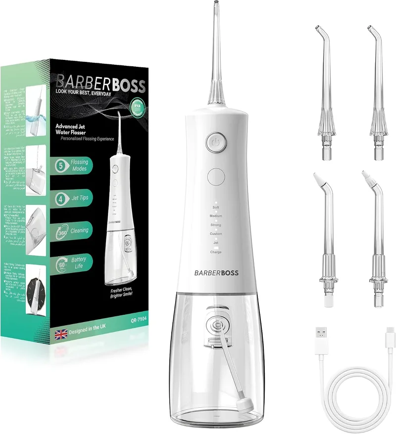 BARBERBOSS ▫️ Irrigador oral avançado, 5 modos de pressão e depósito grande de 340 ml, irrigador oral à prova de água IPX8, 4 pontas de jato e bloqueio para viagem, irrigador dentário a água, QR-7104 (Branco)