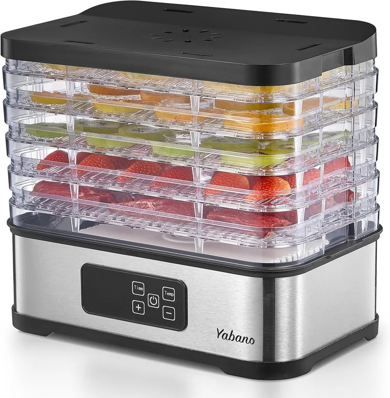 Yabano ▫️ Desidratador de alimentos 250 W com temporizador digital e controlo de temperatura, 5 tabuleiros, sem BPA, secador elétrico para frutas, legumes, carne, ervas aromáticas e snacks para cães