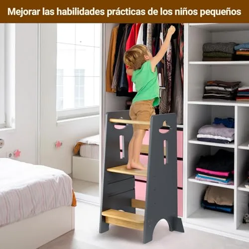 COSYLAND ▫️ Torre de Aprendizagem para Crianças - Torre de Aprendizagem em Madeira para Bebés dos 1 aos 6 Anos - Altura Ajustável em 3 Níveis - 80 cm - Cinza Clássico e Natural 2