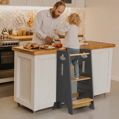 COSYLAND ▫️ Torre de Aprendizagem para Crianças - Torre de Aprendizagem em Madeira para Bebés dos 1 aos 6 Anos - Altura Ajustável em 3 Níveis - 80 cm - Cinza Clássico e Natural 3