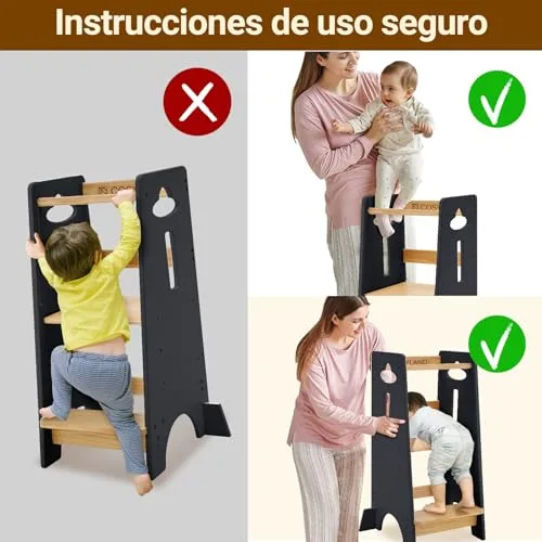 COSYLAND ▫️ Torre de Aprendizagem para Crianças - Torre de Aprendizagem em Madeira para Bebés dos 1 aos 6 Anos - Altura Ajustável em 3 Níveis - 80 cm - Cinza Clássico e Natural 4
