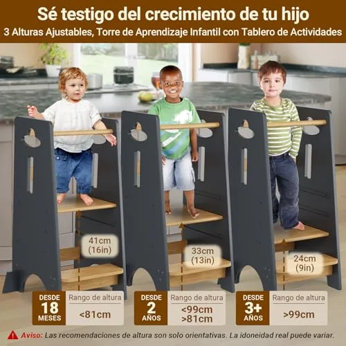 COSYLAND ▫️ Torre de Aprendizagem para Crianças - Torre de Aprendizagem em Madeira para Bebés dos 1 aos 6 Anos - Altura Ajustável em 3 Níveis - 80 cm - Cinza Clássico e Natural 5