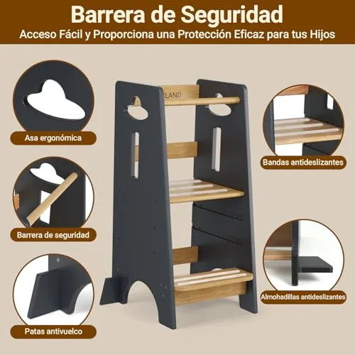 COSYLAND ▫️ Torre de Aprendizagem para Crianças - Torre de Aprendizagem em Madeira para Bebés dos 1 aos 6 Anos - Altura Ajustável em 3 Níveis - 80 cm - Cinza Clássico e Natural 6