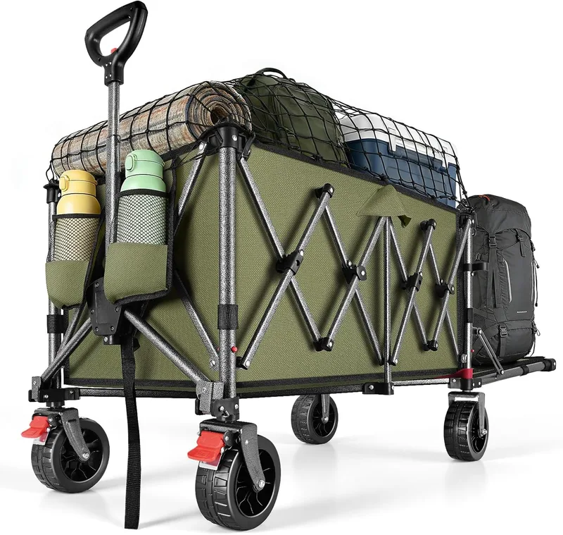 YEAUPE PRO ▫️ All Terrain Folding Trolley - Travões duplos, rodas largas, estrutura reforçada, pega ajustável - Ideal para praia e campismo - 150-240L, verde azeitona