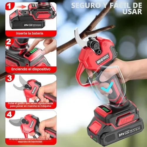 MHPRO ▫️ Tesouras de poda elétricas sem escovas, Tesouras de poda de 21 V com 2 baterias de 2000 mAh, ecrã LCD, tesouras de poda a bateria para jardinagem, árvores de fruto, vinhas e explorações agrícolas, vermelho 3