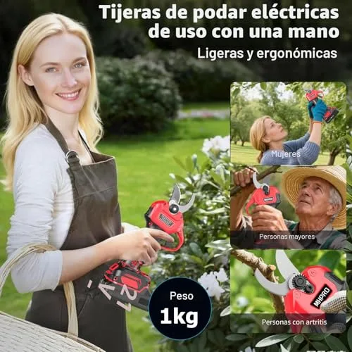 MHPRO ▫️ Tesouras de poda elétricas sem escovas, Tesouras de poda de 21 V com 2 baterias de 2000 mAh, ecrã LCD, tesouras de poda a bateria para jardinagem, árvores de fruto, vinhas e explorações agrícolas, vermelho 6