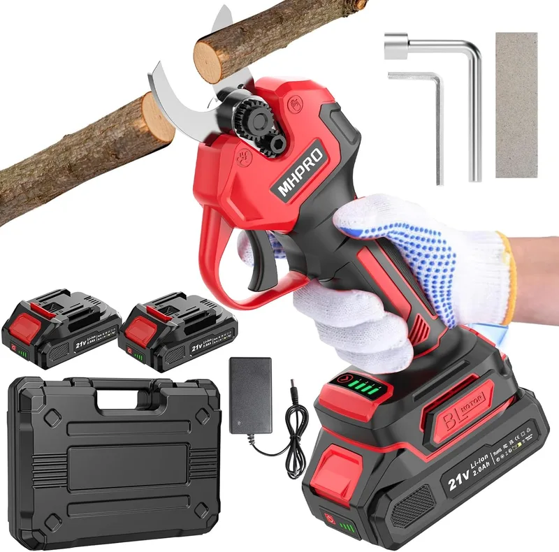 MHPRO ▫️ Tesouras de poda elétricas sem escovas, Tesouras de poda de 21 V com 2 baterias de 2000 mAh, ecrã LCD, tesouras de poda a bateria para jardinagem, árvores de fruto, vinhas e explorações agrícolas, vermelho