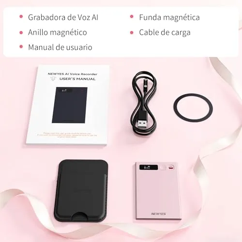NEWYES ▫️ Gravador de voz IA com aplicação dedicada, transcrição e resumo, autonomia da bateria de 35 horas, 64 GB de memória para reuniões, conferências, chamadas, negócios e aulas (rosa) 6