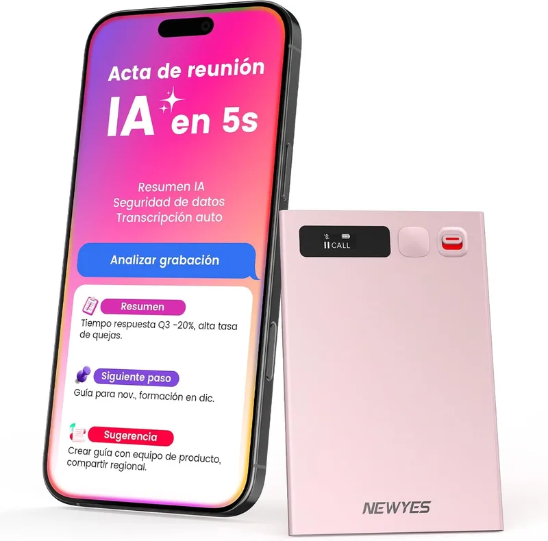 NEWYES ▫️ Gravador de voz IA com aplicação dedicada, transcrição e resumo, autonomia da bateria de 35 horas, 64 GB de memória para reuniões, conferências, chamadas, negócios e aulas (rosa)