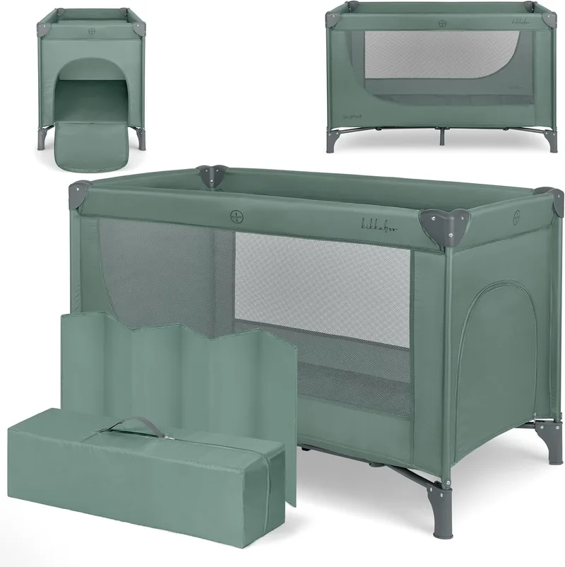 kikka boo ▫️ KikkaBoo SO Gifted Travel Cot 2026, berço de bebé 120x60 cm até 15 kg, parque infantil dobrável com saco de transporte, leve e compacto, verde