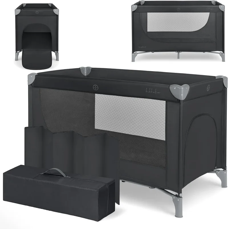 kikka boo ▫️ KikkaBoo SO Gifted Travel Cot 2026, berço de bebé 120x60 cm até 15 kg, parque infantil dobrável com saco de transporte, leve e compacto, preto