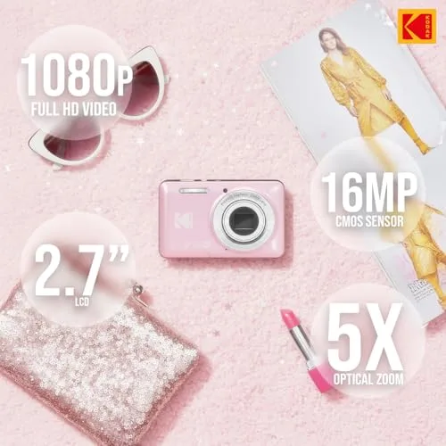 KODAK ▫️ Câmara PixPro Friendly Zoom FZ55 de 16 MP, Full HD 1080p (Rosa Pastel) 3