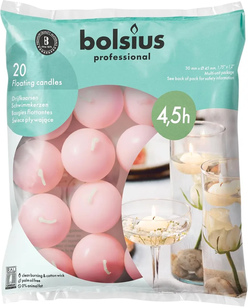 Bolsius ▫️ Velas flutuantes – Rosa – 20 unidades – Diâmetro 45 mm – Duração da combustão 4,5 horas – Cera de parafina – Sem óleo de palma – Velas decorativas para a casa