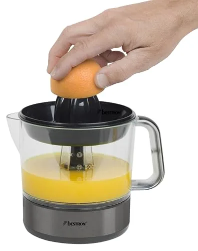 Bestron ▫️ Espremedor de citrinos 0,7 L, jarro removível, tampa transparente, dois cones para citrinos pequenos e grandes, motor com rotação bidirecional, 40 W, cor cinzento metálico escuro 4