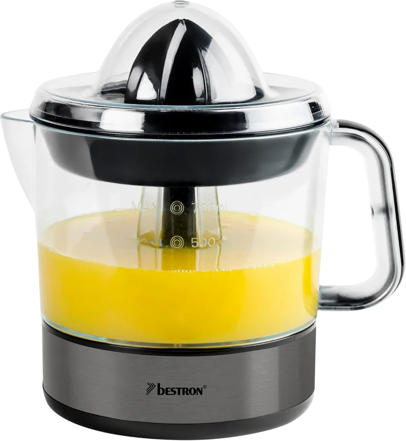 Bestron ▫️ Espremedor de citrinos 0,7 L, jarro removível, tampa transparente, dois cones para citrinos pequenos e grandes, motor com rotação bidirecional, 40 W, cor cinzento metálico escuro