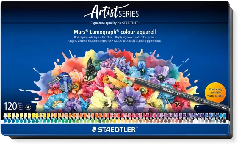 STAEDTLER ▫️ Lápis de aguarela - 120 lápis artísticos em estojo metálico - Design hexagonal, mina de 3,6 mm, cores vivas e resistentes à luz - ideais para técnicas de aguarela