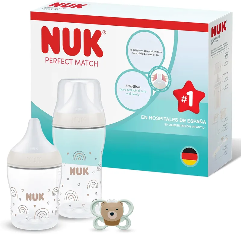 NUK ▫️ Conjunto Perfect Match de biberões e chupeta para recém-nascidos | 0-6 meses | 2 biberões anticólicos (150 ml, 260 ml), 1 chupeta Perfect Match Air | Arco-íris | 3 peças