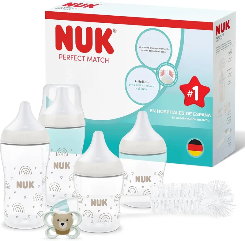 NUK ▫️ Conjunto de biberões para recém-nascidos Perfect Match Perfect Start: 0-6 meses: 4 biberões anti-cólicas (150 ml, 260 ml), 1 chupeta de ar, 1 escova para biberões: Arco-íris: 6 peças